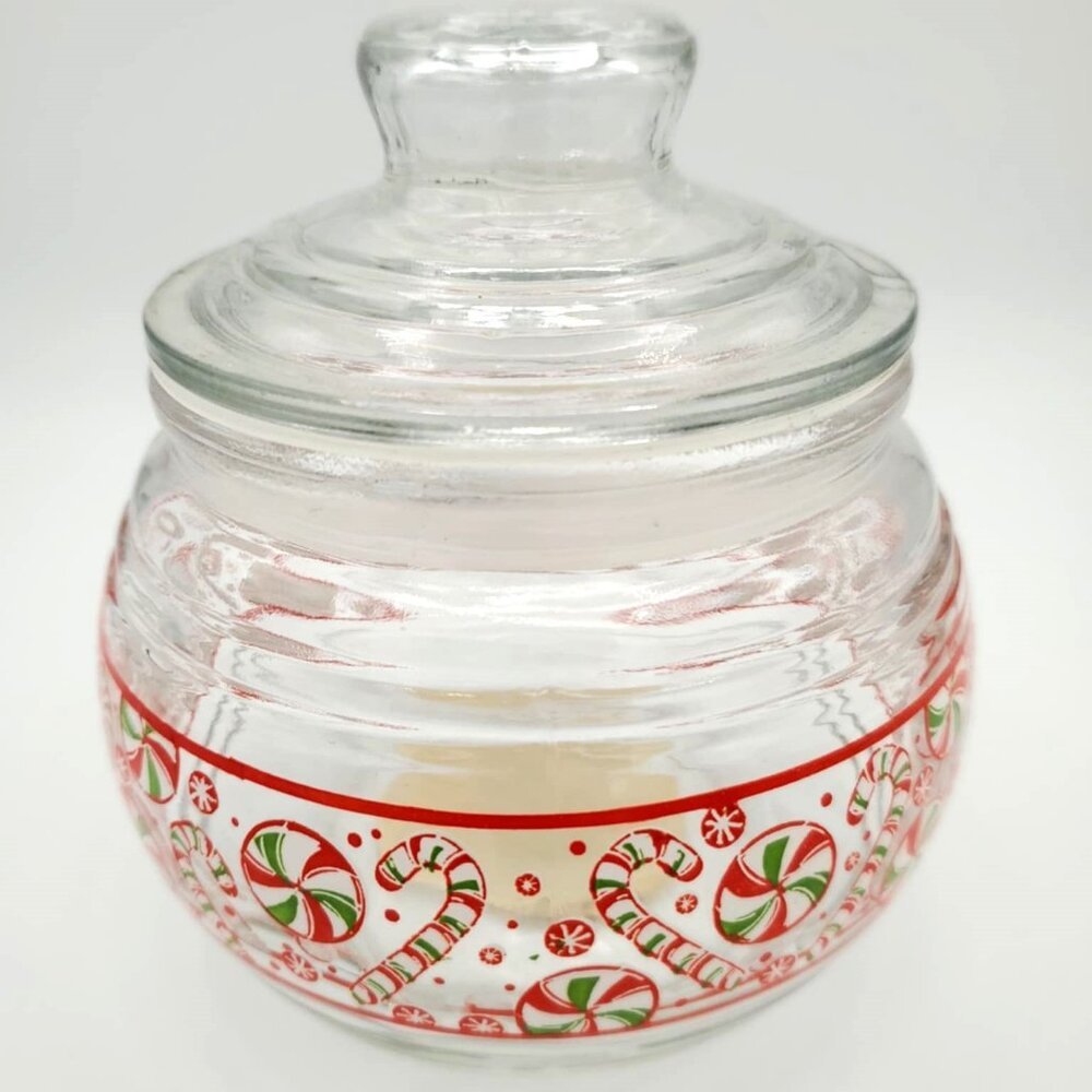 Vintage Glass Christmas Candy Jar with Lid in Perfect Condition - Candy Canes